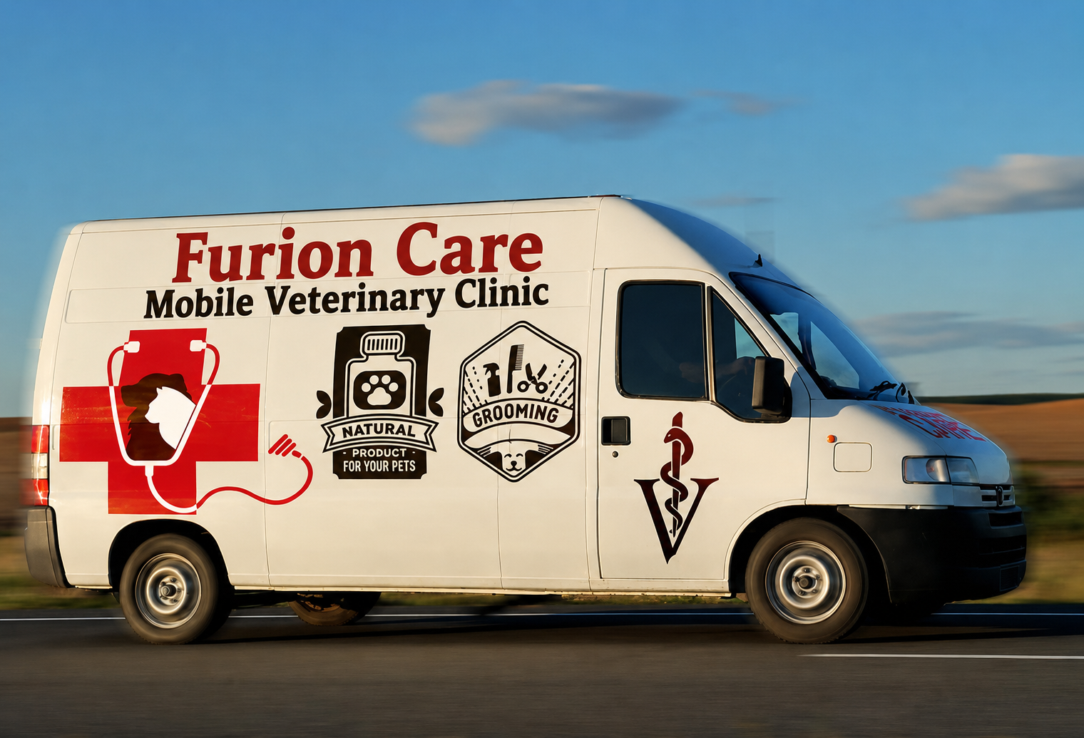 Furion Care mobile clinic van parked outside a home