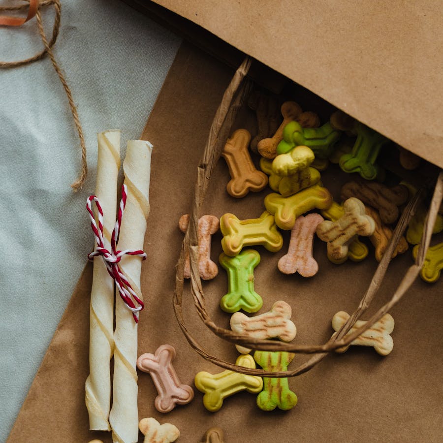 Hopta treats scattered on a wood surface